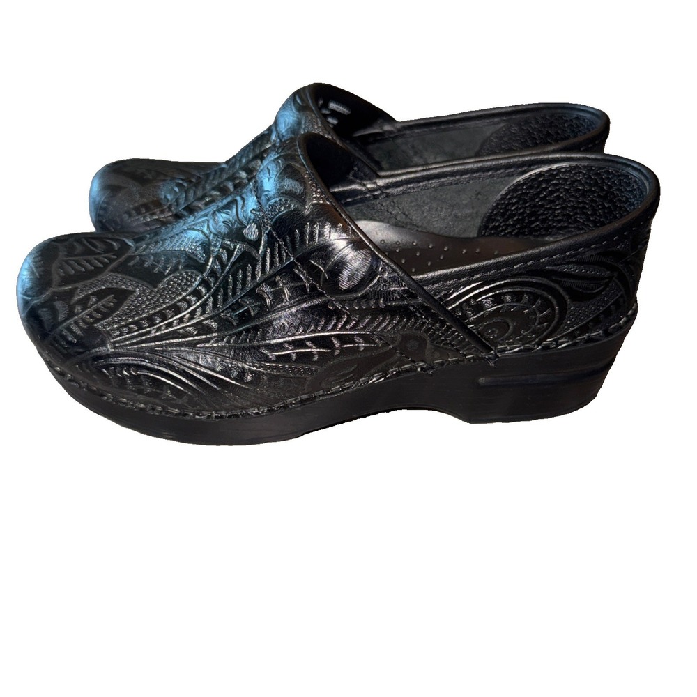 Dansko Professional Clogs EU 37 US 6.5 To 7 Black Embossed Leather Tooled Shoes